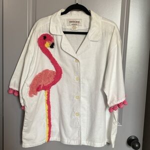 NWOT-White Flamingo Embroidered Button Down Shirt